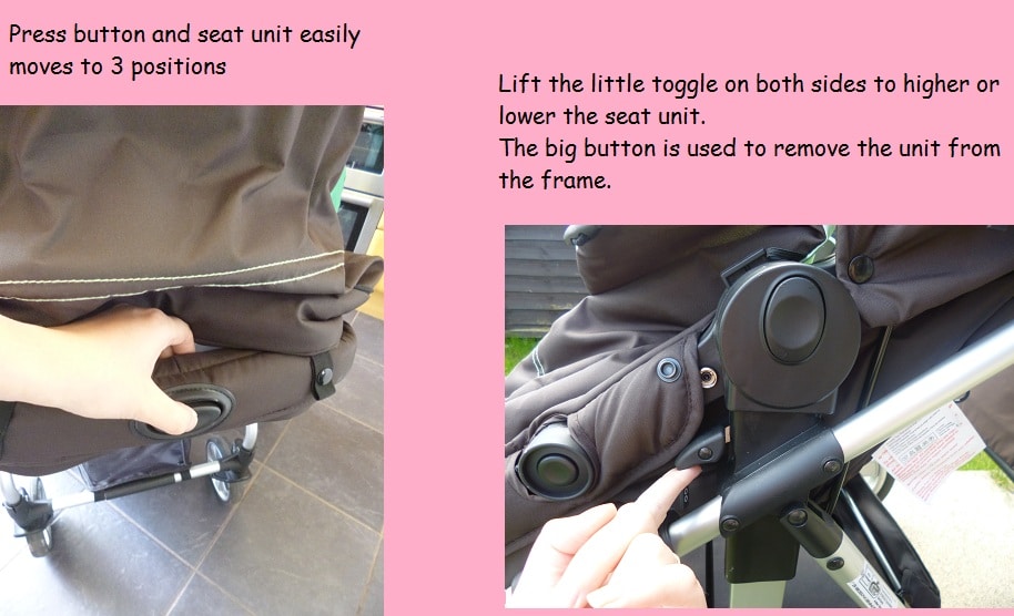 Close-up images of the I'coo Pacific 2 in 1 pushchair seat adjustment. Left: A hand presses a button to adjust the seat. Right: Finger points to a toggle and button on the Hauck pram frame for easy adjusting or removing of the seat unit.