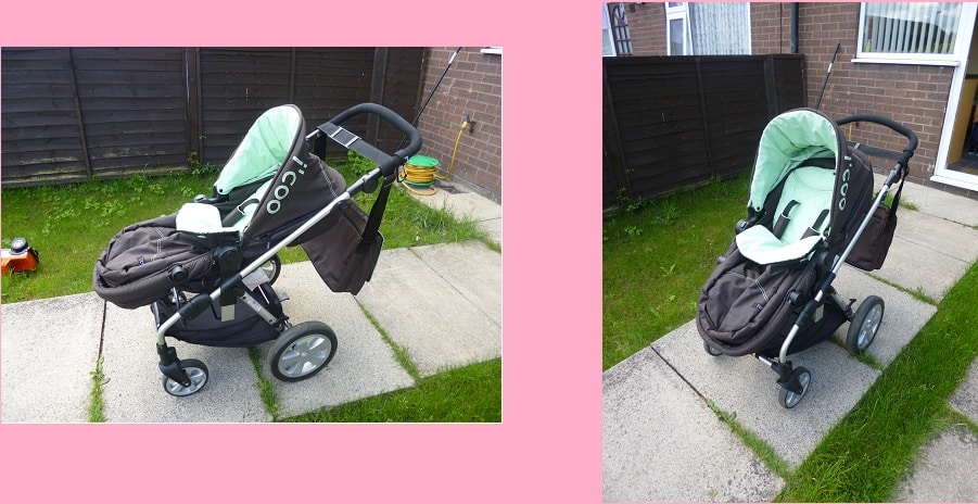 A black and green Hauck pushchair is shown outdoors on a paved path, next to a lawn and fenced brick house. The empty pushchair is viewed from two different angles.