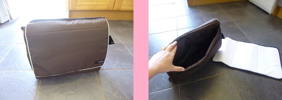 Side-by-side images of a brown messenger bag: the left image shows the closed bag standing upright; the right image, next to a Hauck pushchair, shows a hand opening the bag to reveal its empty interior and white flap on a tiled floor.