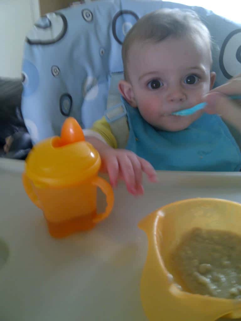 A baby sits in a highchair, wearing a blue bib and being fed with a blue spoon. Simply Everything You Need is on the tray—a Vital Basics orange beaker and a yellow bowl of food are ready in front of the baby.