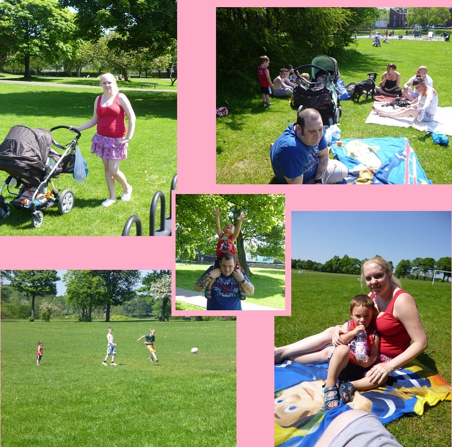 A collage of five photos captures Family Day at the park, with families enjoying fun activities—children playing football, a woman with a pushchair, a picnic, a child on an adult’s shoulders, and a woman relaxing on a blanket with a young boy.