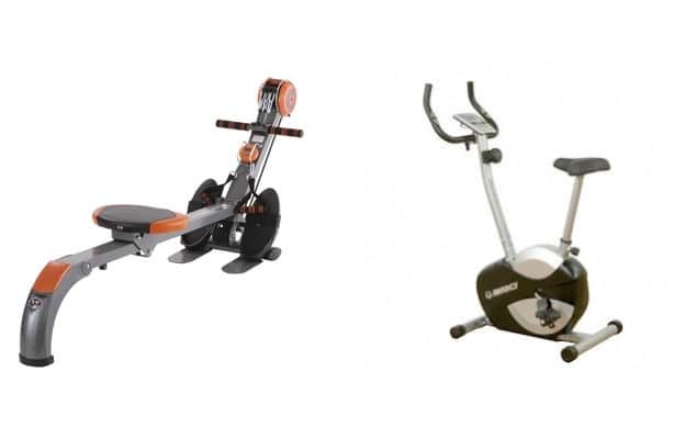 A rowing machine with orange and black accents sits beside a stationary exercise bike with a black and silver frame—ideal fitness equipment for post-pregnancy fitness routines to help lose weight and manage mum weight indoors.