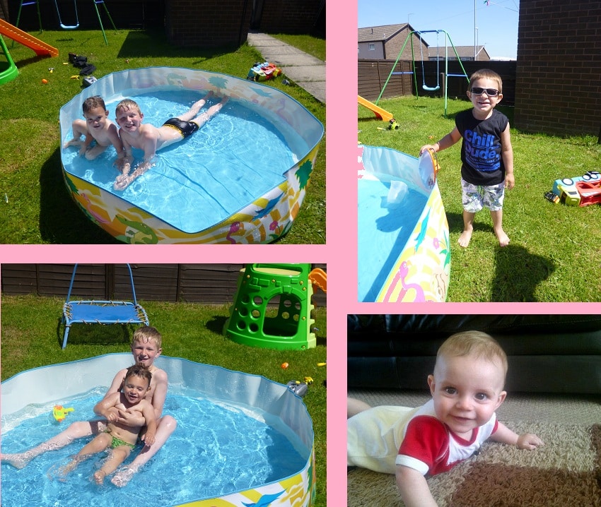 A collage showing three children playing in an inflatable paddling pool, a boy by the pool wearing sunglasses, and a smiling baby crawling indoors on a carpet. Outdoor images capture grass, playground equipment, toys, and fun Family Activities for a perfect Family Day.