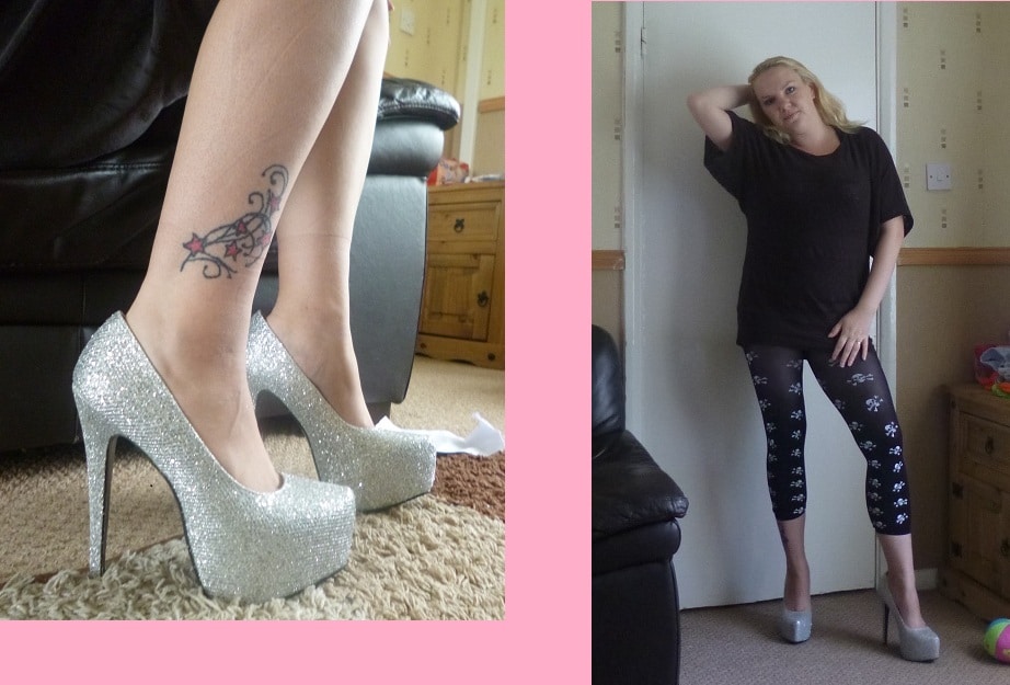 A woman wearing glittery high heels and patterned leggings poses by a white door; a close-up shows her foot tattoo and the sparkling platform shoes.