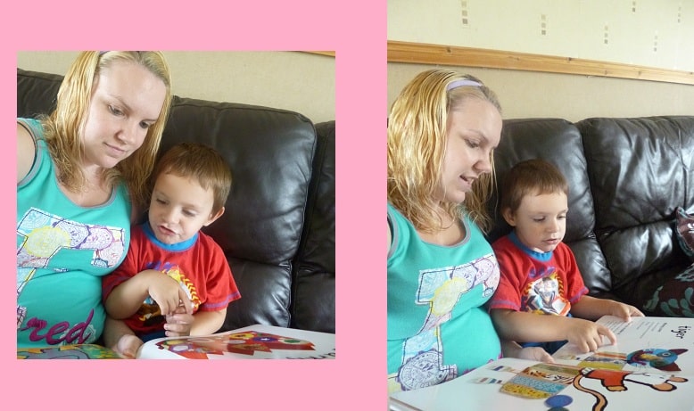 A woman and a young boy sit together on a sofa, reading a colourful Maisy craft book. Both appear focused on the book, and the images are set against a pink background.