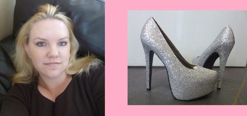 A woman with blonde hair sits on a dark sofa, looking at the camera. Next to her, a pair of sparkly silver high-heeled platform shoes are displayed on a pink background.