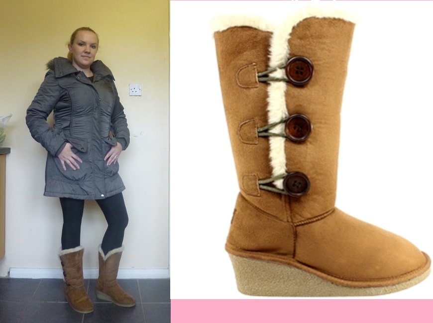 A woman in a grey winter coat, black leggings, and tan fur-lined boots stands indoors. Next to her is a close-up image of a tan knee-high boot with three side buttons and wedge heel.