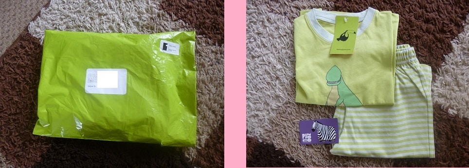 A lime green PJzoo package sits on the left. On the right, the contents: a folded yellow and white striped pyjama set, a green Little Dino Pyjamas shirt with a dinosaur print, and a purple zebra print tag, all on a brown carpet.