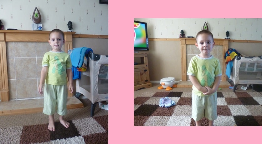 Two photos of a young child standing indoors on a carpet, dressed in PJzoo's light green Little Dino Pyjamas. The room features wooden furniture, toys, colourful blankets, and the images are set against a playful pink background.