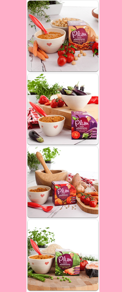 Four images of Olum vegetarian pâté in various flavours, displayed with fresh vegetables, bread, and herbs on a white table setting, highlighting the adventures of taste and delicious ingredients in every serving suggestion.
