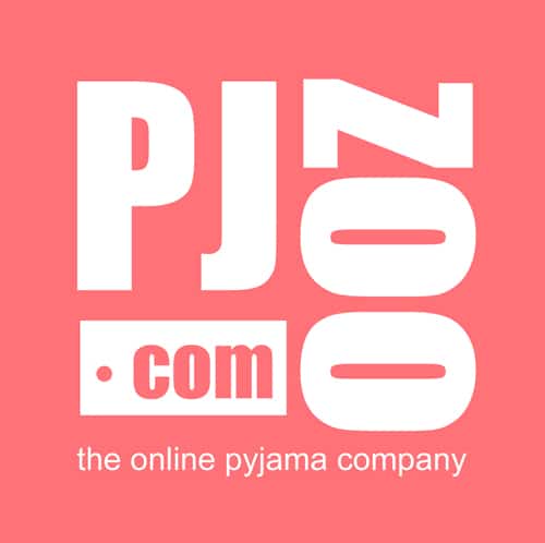 Logo for PJZ.com on a coral background with large, bold white letters spelling "PJZ" vertically and ".com" in a white box. Below, white text reads "the online pyjama company." Perfect for Dino Pyjamas fans at PJzoo.com.
