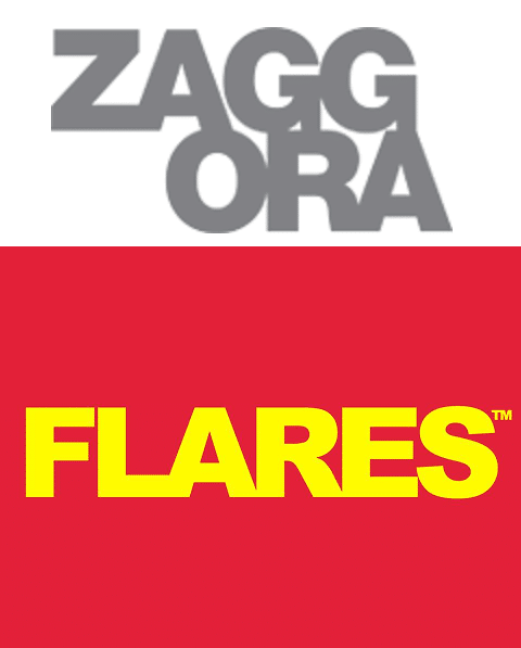 Top half: Grey text "ZAGGORA" on white background with overlapping letters, highlighting the journey to lose weight. Bottom half: Yellow text "FLARES™" on a vibrant red background.