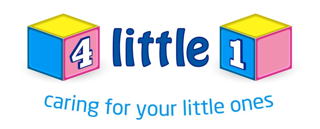 Logo with two toy blocks, one blue with a yellow top and number 4, one pink with a yellow top and number 1. Between them, the word "little" appears. Below, the text reads "clear room caring for your little ones.