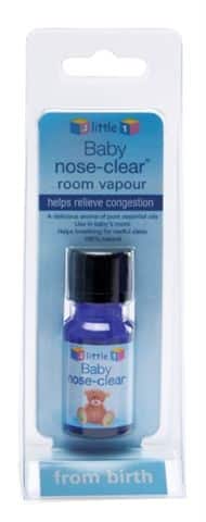 A bottle of Baby Nose Clear Room Vapour in blue packaging, labelled to help relieve congestion and suitable for use from birth. The package features a small teddy bear image.