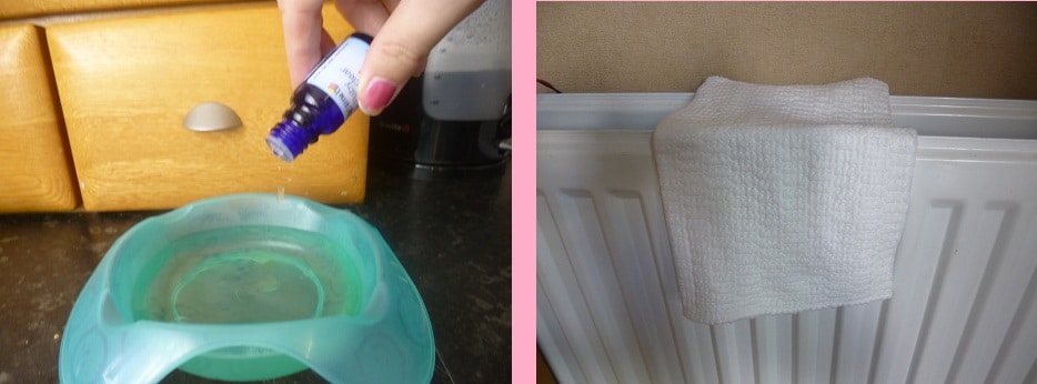 A hand adds drops of Room Vapour from a small bottle into a bowl of water on the left; on the right, a white cloth is laid over a radiator, creating gentle steam to help keep baby's nose clear.