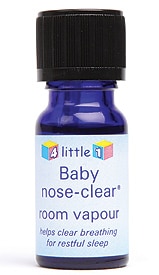 A small blue bottle labelled "little 1 Baby Nose-Clear Room Vapour," designed to help clear breathing for restful sleep. The bottle features a black cap and a light blue label, perfect for soothing your baby's nose at bedtime.