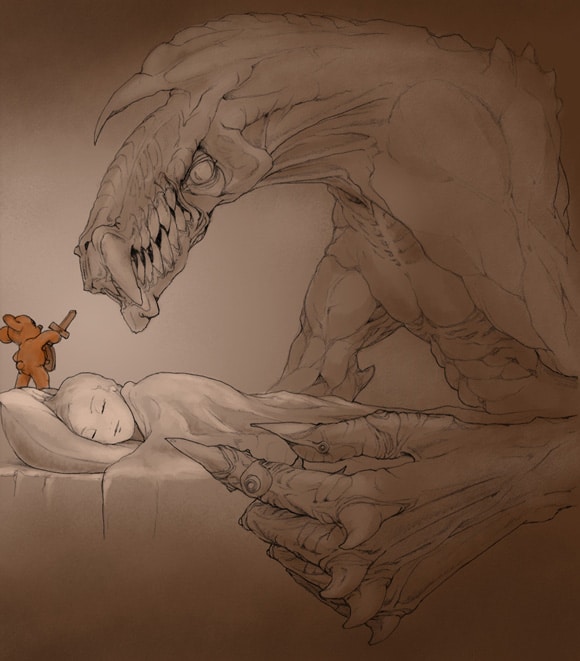 A large, menacing monster looms over a sleeping child, representing classic bedtime fears, while a small teddy bear wielding a wooden sword bravely stands guard on the bed, ready to fight the monster. The scene is dim and sepia-toned.