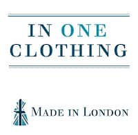 Logo for In One Clothing. The text "IN ONE CLOTHING" appears in blue gradient capital letters, with "Made in London" and a stylised Union Jack icon featured below the brand name.