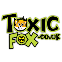 Logo for ToxicFox.co.uk featuring bold, black and green text with a cartoon fox face as the "O" in "Toxic," a yellow radioactive symbol in the "O" of "Fox," inspired by the playful style of ClaireaBella Polo Jute Bag.