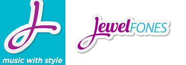Logo for "Jewelfone" with a stylised purple "J" and the tagline "music with style" on a blue background. The full logo displays "JewelFONES," blending passion for music and style, with "Jewel" in purple and "FONES" in blue.
