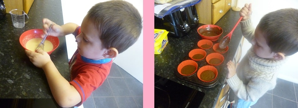 A young child uses a Children's Baking Set to mix batter in a red bowl, then fills red cupcake moulds with the mixture in a kitchen.