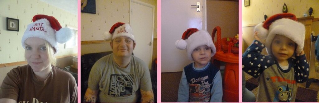 Four people in separate panels, each wearing a red and white Father Christmas hat indoors. From left to right: a woman, a man, and two young children, all smiling or posing at the camera and sharing the Merry Christmas spirit.