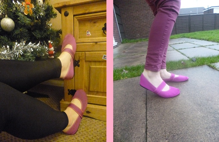 Split image: On the left, a person in black leggings and pink trainers reclines by a wooden chest of drawers and Christmas tree. On the right, a person in maroon trousers and pink trainers walks outdoors on concrete paving slabs.
