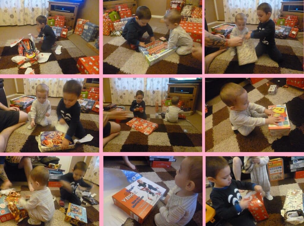 A collage of young children opening wrapped presents in a living room on Christmas Day, revealing board games and toys. The children are smiling and excited, surrounded by gift boxes and festive wrapping paper in this joyful 2012 moment.