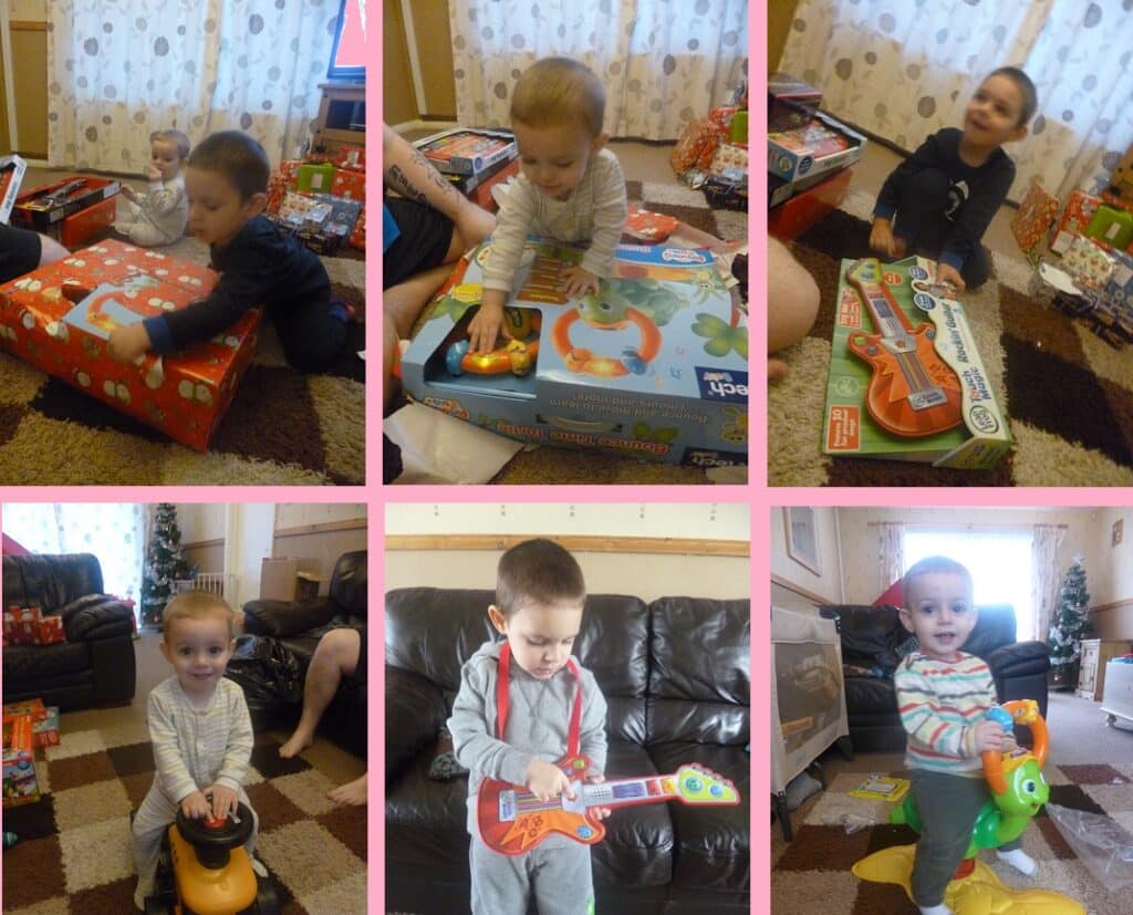 A collage of six photos shows young children indoors on Christmas Day 2012, opening presents, playing with toys such as a ride-on car and toy guitar, and smiling. Gift boxes, a sofa, and curtains are visible in the background.