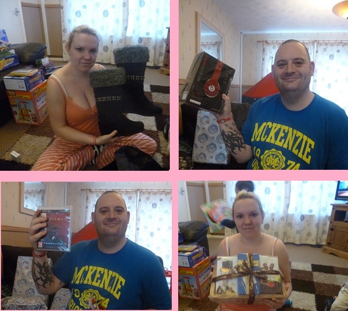 On Christmas Day 2012, a woman and a man exchange gifts in a cosy living room. She holds slippers and a gift set, while he receives DVDs and a video game. Wrapped presents and furniture decorate the festive background.