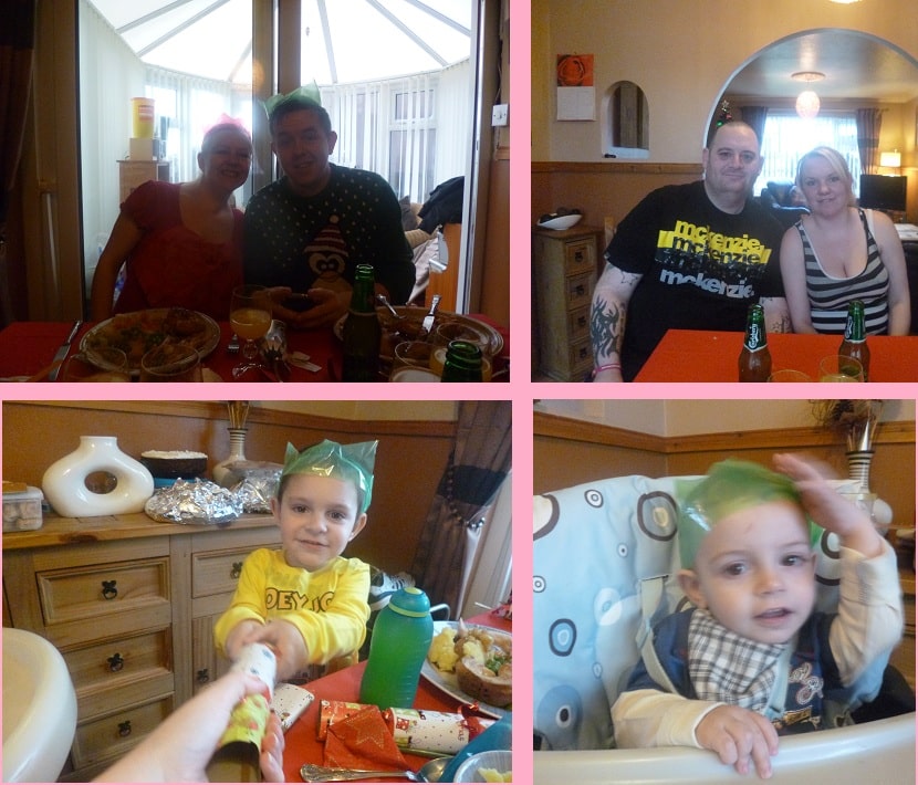 A collage of four photos shows people celebrating at a meal on Christmas Day 2012. Adults sit at tables wearing party hats, and two small children are also wearing hats, one smiling and the other waving. Food and drinks are visible on the tables.