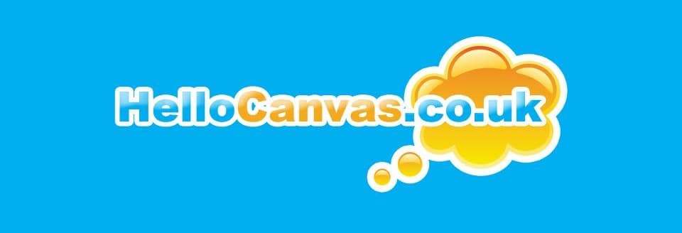 Logo for HelloCanvas.co.uk with the text inside a yellow thought bubble on a blue background. Perfect for a giveaway or review, the text fades from white to yellow, with ".co.uk" in light blue.