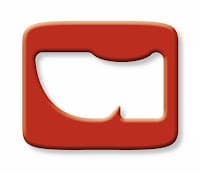 A red, rounded rectangular shape with a white cut-out resembling a speech bubble or stylised chat icon, reminiscent of the sleek lines found in Cloggs, set against a white background.