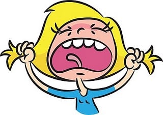 Cartoon of a blonde girl in a blue shirt screaming and pulling her hair in frustration, capturing the parenting challenges and real emotions parents often experience, with eyes shut tightly and mouth wide open.