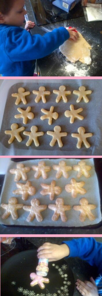 A child rolls out dough from a simple biscuit recipe and cuts gingerbread people shapes, then places them on a baking tray. The biscuits are baked and decorated with colourful sprinkles.