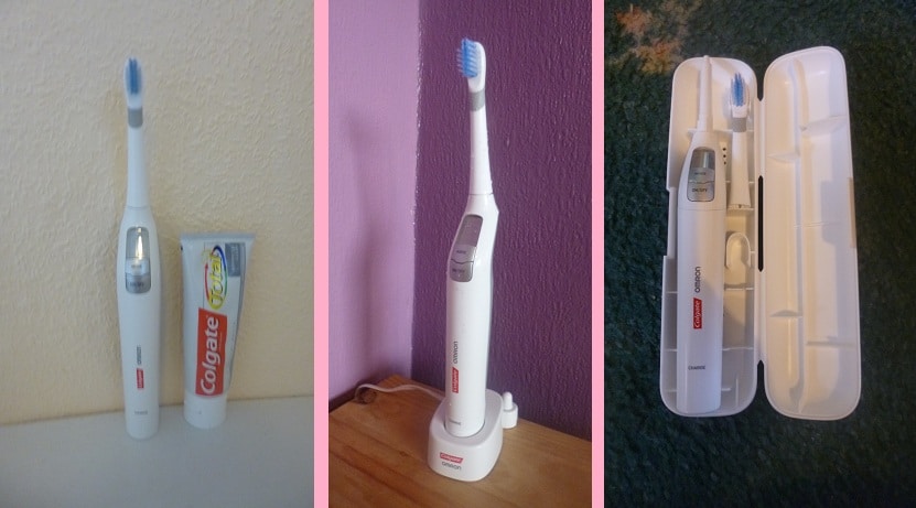Three photos show an A1500 white electric toothbrush with a blue bristle head, a tube of Colgate ProClinical toothpaste, the toothbrush on a charging stand, and stored in an open travel case.