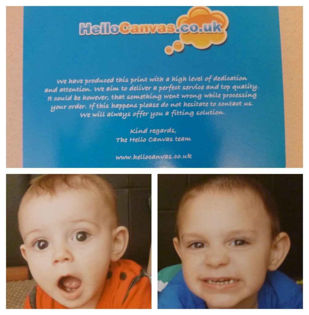 A collage with a note from HelloCanvas.co.uk at the top and two young children with expressive faces below—one surprised, one smiling. Perfect for sharing in your HelloCanvas review or as inspiration for a HelloCanvas giveaway entry.