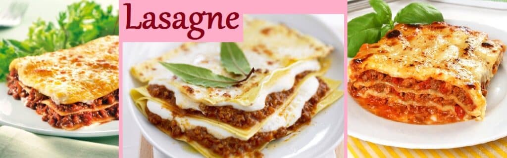 Three plates of Lasagne are shown, each with visible layers of pasta, meat sauce, and melted cheese. The word "Lasagne" appears at the top on a pink background. Fresh basil and parsley garnish two plates.