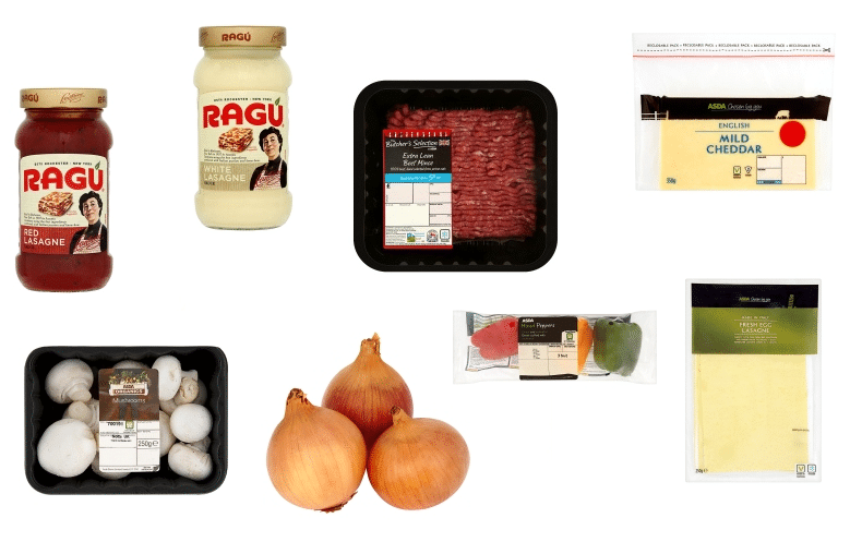 A selection of groceries for making lasagne, including jars of red and white Ragu sauce, minced beef, mild Cheddar cheese, mushrooms, three onions, peppers, and a pack of lasagne sheets—all on a white background.