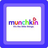 Munchkin logo with colourful, lowercase letters and a red heart above the “i.” Below, the slogan reads, “It’s the little things.” Centred on a white background with a blue border, this design highlights trusted baby cups like Click Lock Cups.