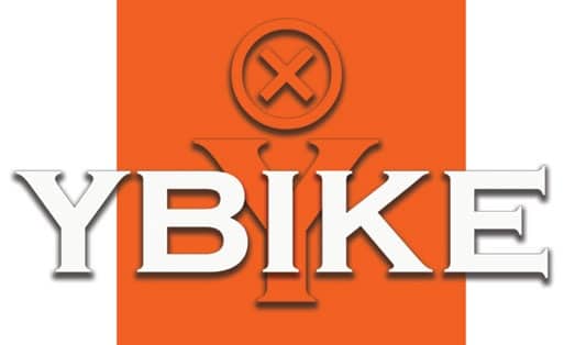 The image features the word "YBIKE" in large white letters with a shadow effect, set against an orange vertical rectangle. Above, a stylised "Y" and a circled "X" hint at the Pewi or YBike Extreme range.