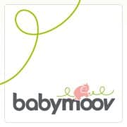 The Babymoov logo features the word "babymoov" in grey lowercase letters, with a small pink cartoon animal above the "oo" and a green curvy line looping across the design, reflecting playful baby style perfect for a maternity bag brand.