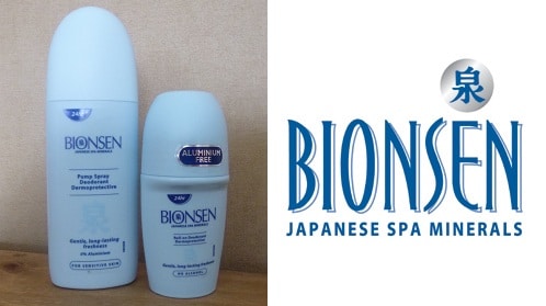 Two Bionsen deodorant bottles, one Pump Spray and one Roll-On, are displayed side by side. The Bionsen logo and the text "Japanese Spa Minerals" appear on the right-hand side of the image.