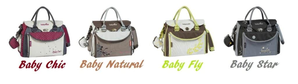 Four stylish Babymoov nappy bags—"Baby Chic," "Baby Natural," "Baby Fly," and "Baby Star"—each showcasing unique baby style and colours, are displayed side by side on a white background, perfect as your everyday maternity bag.