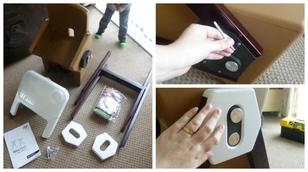 Collage showing the process of assembling an AGE Design HiLo Highchair, with parts laid out, close-ups of attaching pieces with screws, and a person's hands working on the highchair assembly.