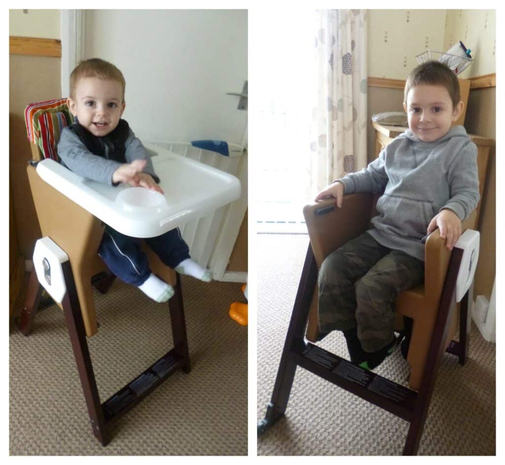 Side-by-side photos show a young boy as a toddler in his HiLo Highchair by AGE Design on the left, and as an older child enjoying the same highchair now converted to a regular seat on the right.