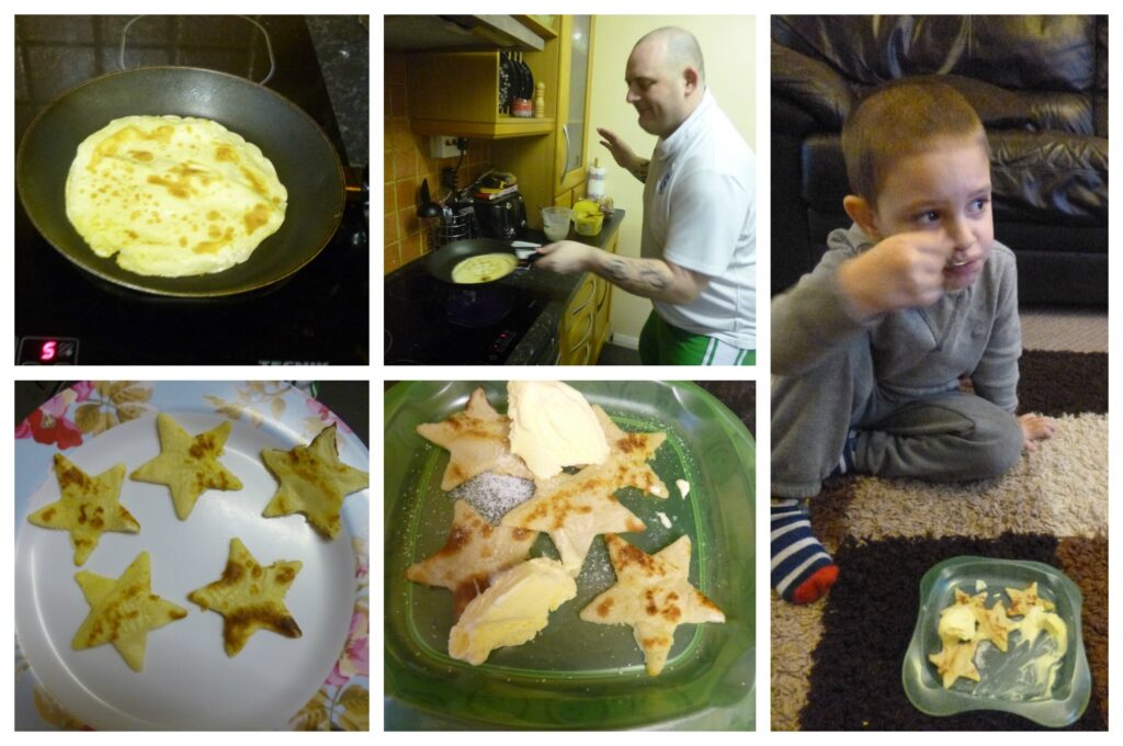 A collage shows: a pancake cooking in a pan, a man flipping stars in the kitchen, a boy eating on a rug, and two plates with star-shaped pancakes topped with cream and sugar.