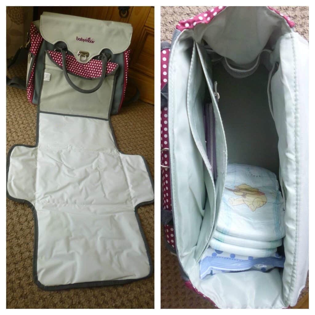 A polka dot maternity bag shown open with a fold-out changing mat on the left, and the interior view on the right containing nappies and baby essentials—perfect for organising your baby style with ease.