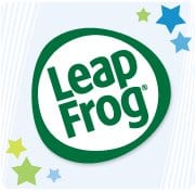 LeapFrog logo with green text inside a rounded white shape outlined in green, surrounded by green and blue stars on a light background—perfect for Leapster GS branding.