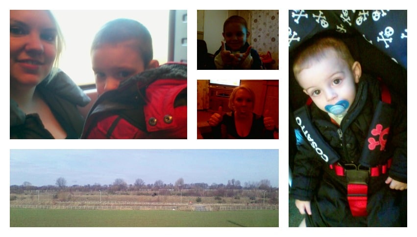A collage features a woman and young boy in winter coats—he has a dummy in one photo—a scenic field, and two cosy indoor shots. The boy is pictured playing with his LeapFrog Leapster GS, adding playful energy to the home setting.